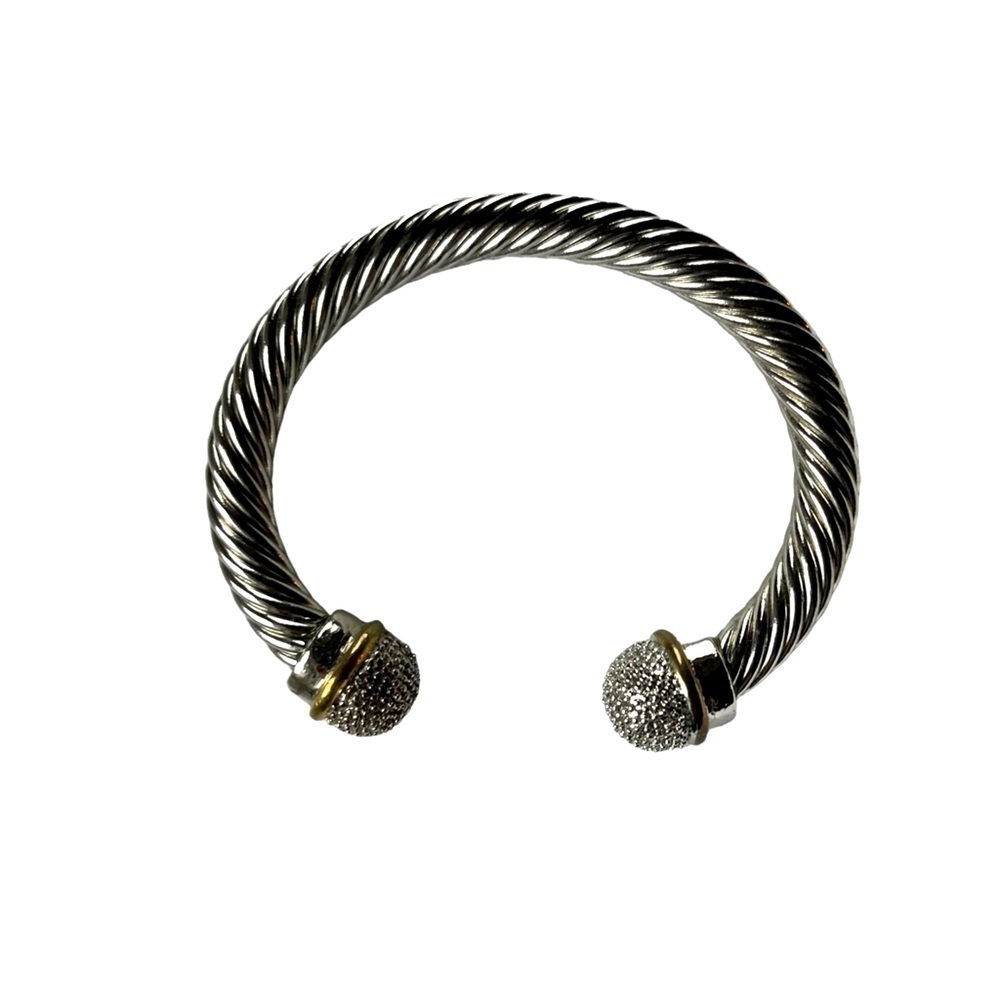 Twisted Cable Cuff Bracelet Silver Tone with Pavé End Caps